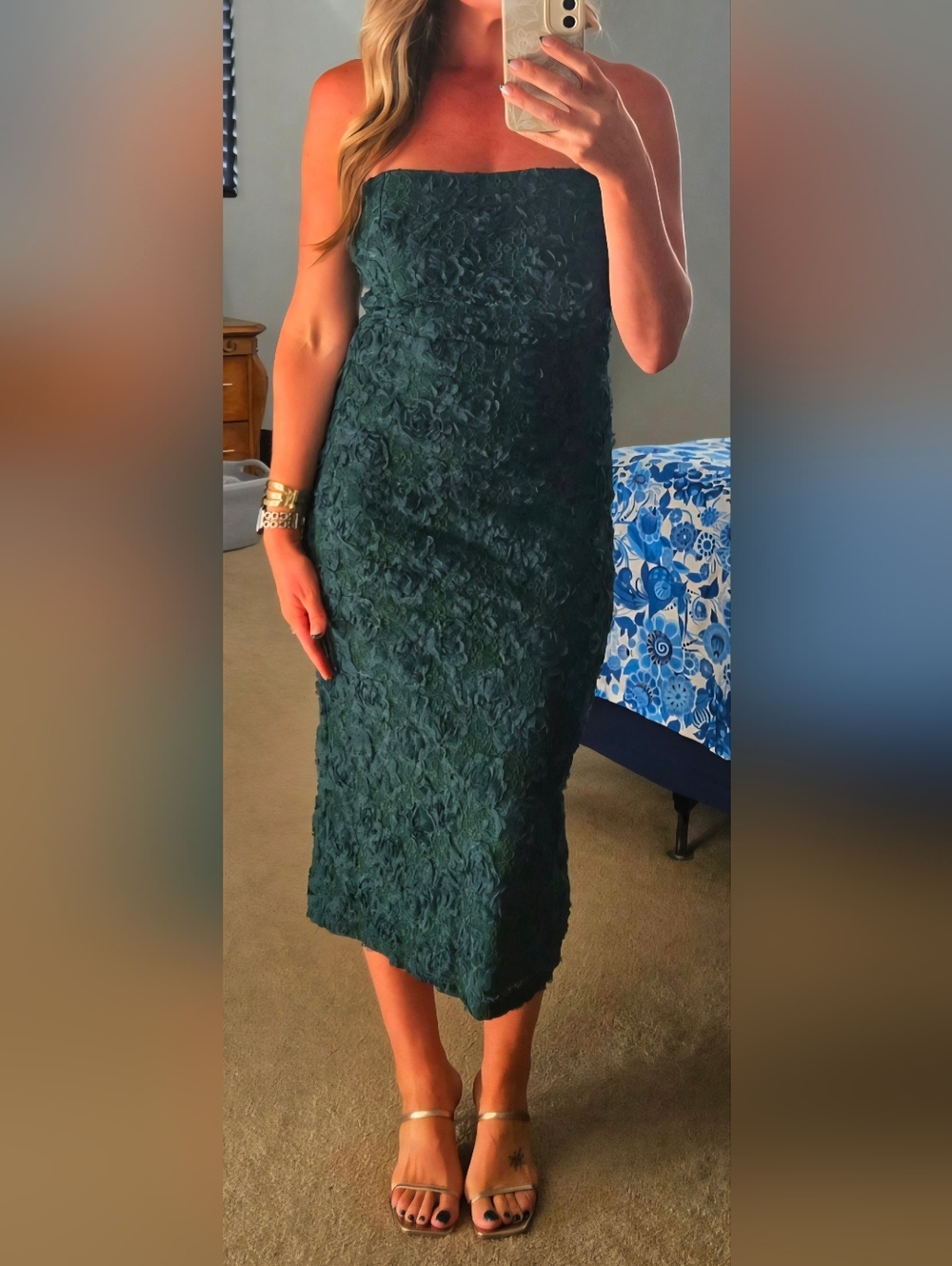 Lulus Emerald Green Strapless Lace Midi Dress 3D Floral Textured Wedding Guest M